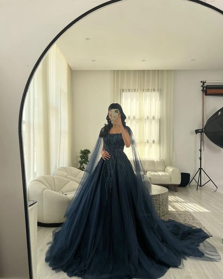 Sexy Ball Gown Navy Blue Tulle Long Sequin Prom Dress Long Party Dress