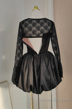 Sexy Ball Gown Spaghetti Straps Black Lace Travel Vacation Dress Short Satin Birthday Dress