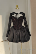 Sexy Ball Gown Spaghetti Straps Black Lace Travel Vacation Dress Short Satin Birthday Dress