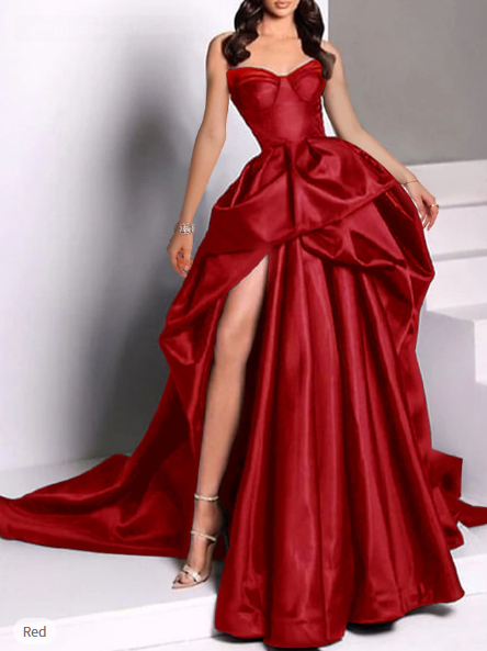 Sexy Ball Gown Strapless Burgundy Long Slit Party Dress Prom Dress