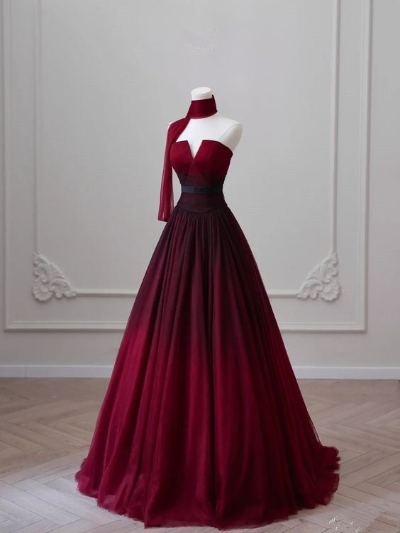Sexy Ball Gown Strapless Long Burgundy Prom Dress Evening Dress