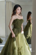 Sexy Ball Gown Strapless Neckline Green Ruffles Evening Dress Prom Dress
