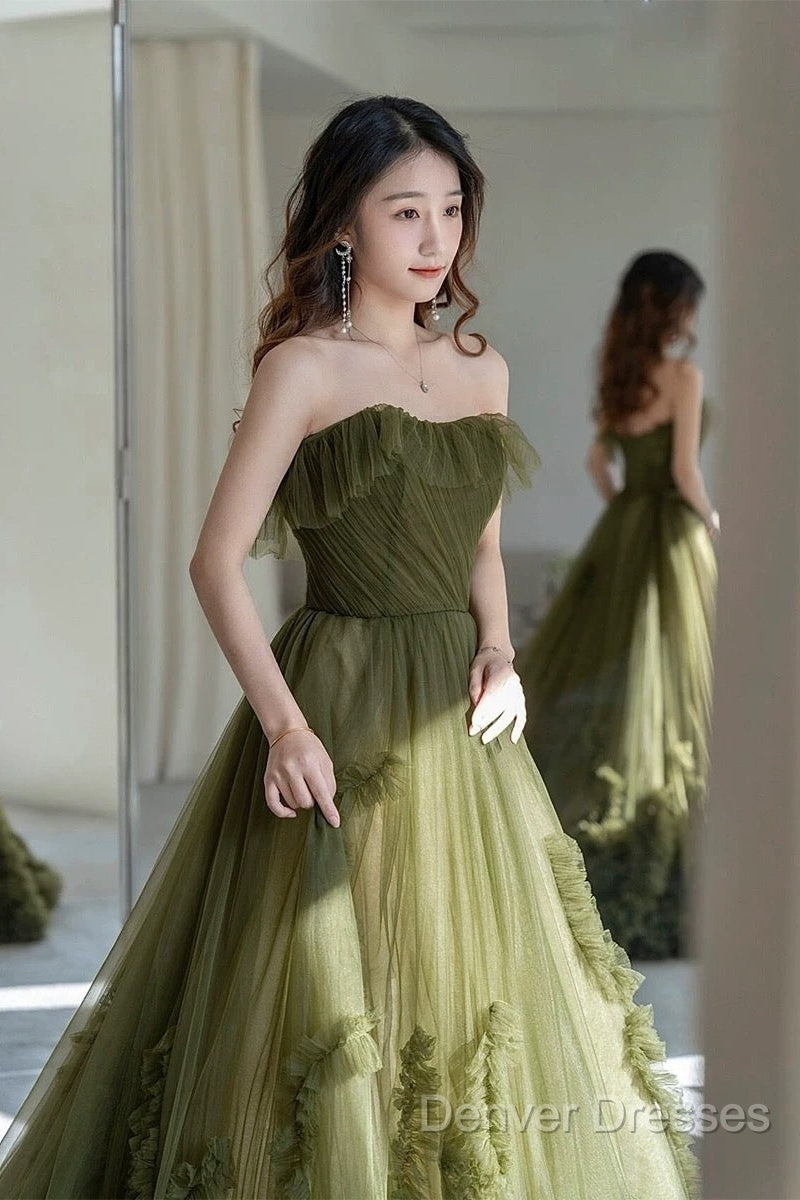 Sexy Ball Gown Strapless Neckline Green Ruffles Evening Dress Prom Dress
