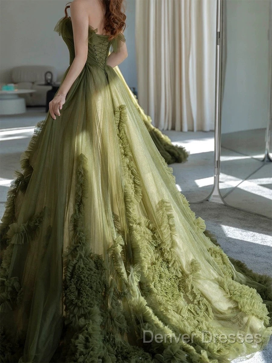 Sexy Ball Gown Strapless Neckline Green Ruffles Evening Dress Prom Dress