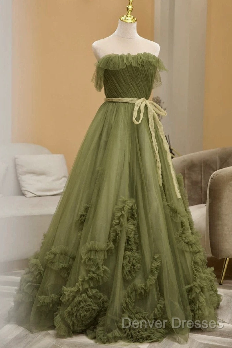 Sexy Ball Gown Strapless Neckline Green Ruffles Evening Dress Prom Dress