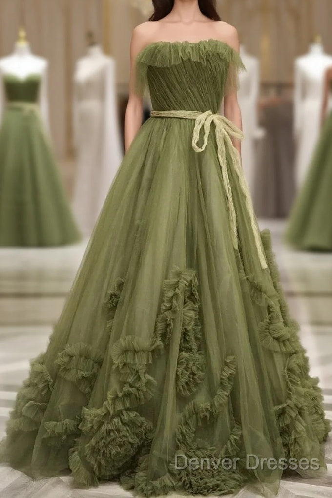 Sexy Ball Gown Strapless Neckline Green Ruffles Evening Dress Prom Dress Main image