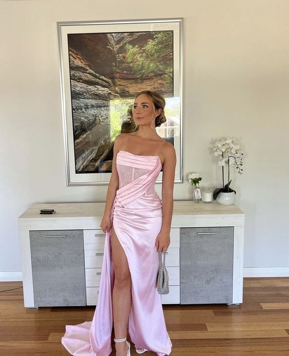 Sexy Birthday Dress Pink Strapless Prom Dress Slit Birthday Outfits