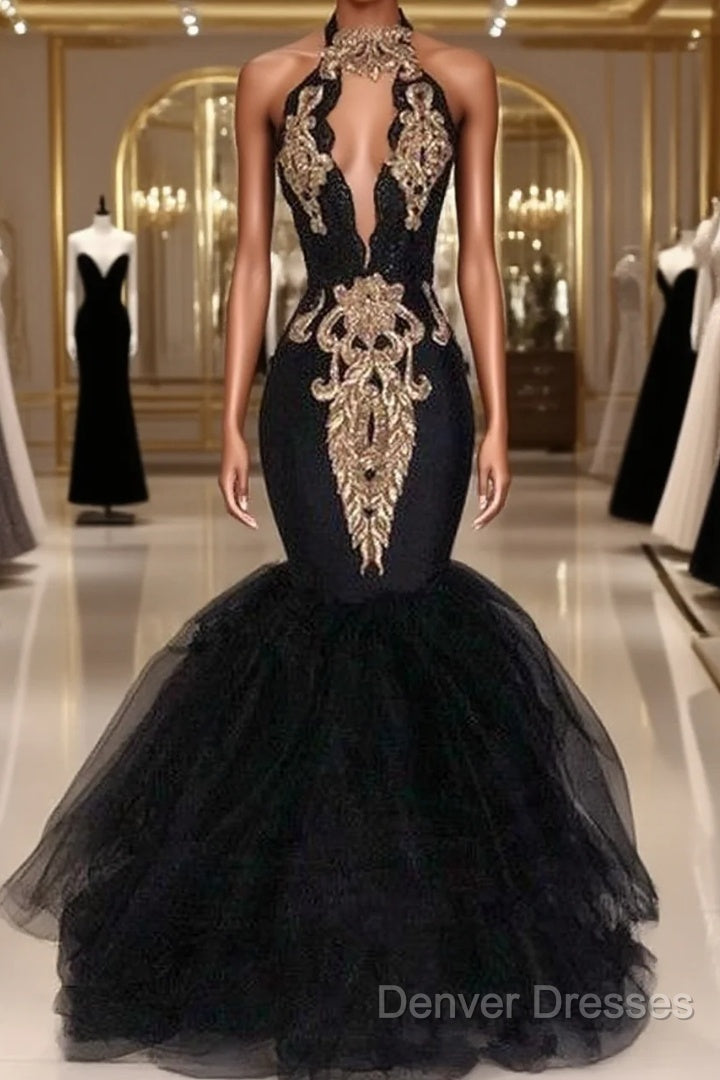 Sexy Black Halter Mermaid Long Prom Dress Keyhole Lace Gold Shiny Applique Beaded Floor Length Evening Party Gowns Main image