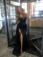 Sexy Black Lace Sequin Slit Long Prom Dress Mermaid Evening Dress