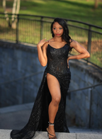 Sexy Black Lace Sequin Slit Long Prom Dress Mermaid Evening Dress