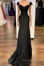 Sexy Black Mermaid Gown V Neck Chiffon Lace Prom Dress Evening Dress