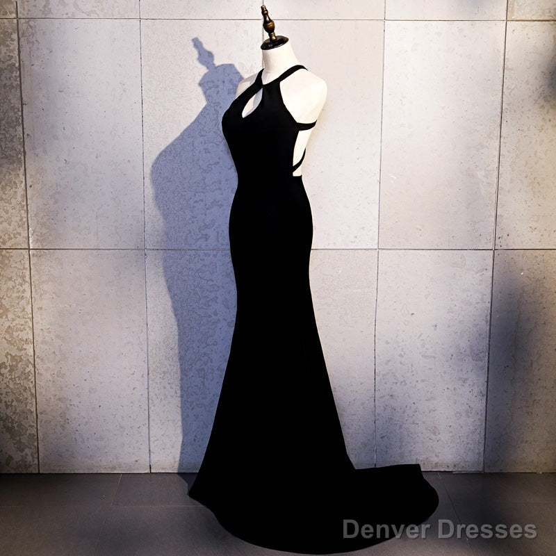 Sexy Black Mermaid Long Halter Evening Dress, Black Prom Dress Main image