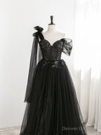Sexy Black One Shoulder Tulle Sweetheart Sequins Party Dress, Black Evening Gown