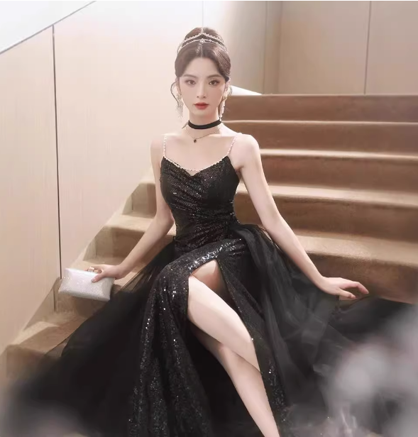 Sexy Black Spaghetti Strap V-Neck Split Sequined Tulle Long Prom Dress Evening Dress Secondary image
