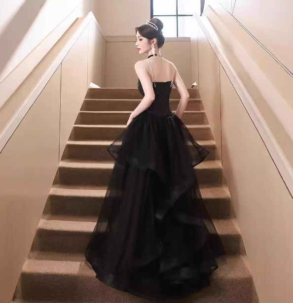 Sexy Black Spaghetti Strap V-Neck Split Sequined Tulle Long Prom Dress Evening Dress