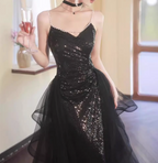 Sexy Black Spaghetti Strap V-Neck Split Sequined Tulle Long Prom Dress Evening Dress