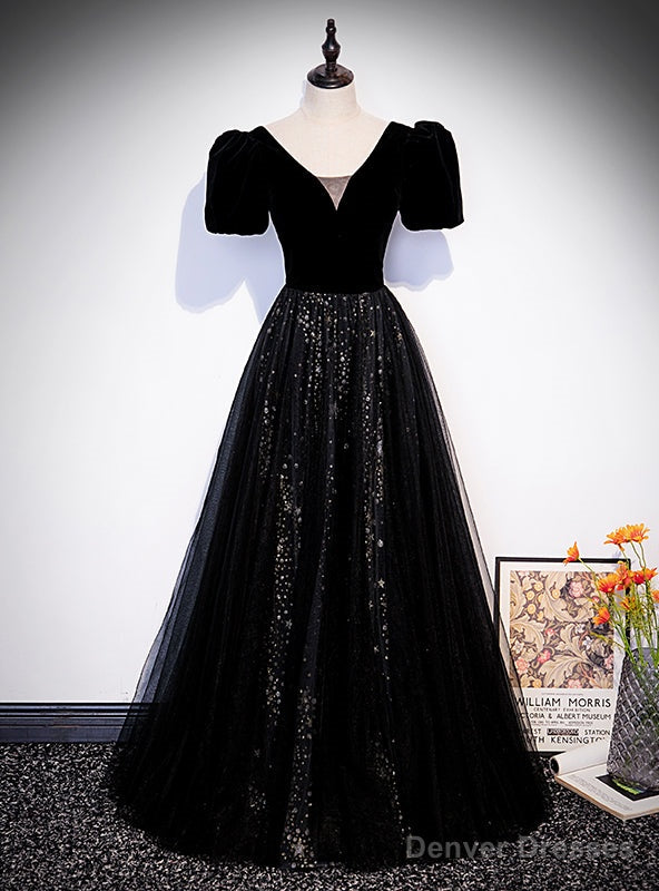 Sexy Black Tulle Sequins V-neck Short Sleeve Prom Dress Main image