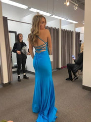 Sexy Blue Mermaid Prom Dress With Slit,Lace-up Back Evening Dress
