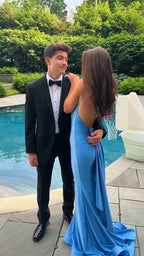 Sexy Blue Mermaid Prom Dress,Open Back Long Evening Party Dress