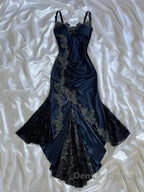Sexy Bodycon Mermaid Straps Long Navy Blue Lace Prom Dress Party Dress