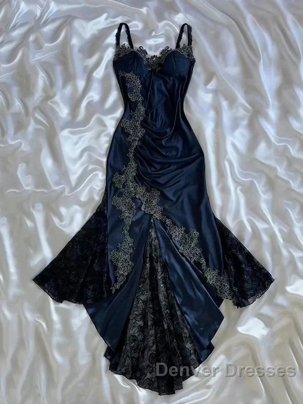 Sexy Bodycon Mermaid Straps Long Navy Blue Lace Prom Dress Party Dress