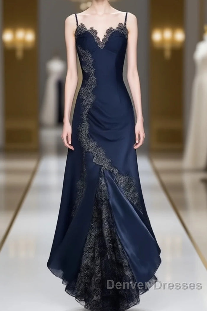 Sexy Bodycon Mermaid Straps Long Navy Blue Lace Prom Dress Party Dress Main image
