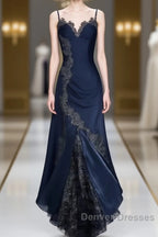 Sexy Bodycon Mermaid Straps Long Navy Blue Lace Prom Dress Party Dress