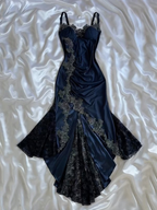 Sexy Bodycon Mermaid Straps Long Navy Blue Lace Prom Dress Party Dress