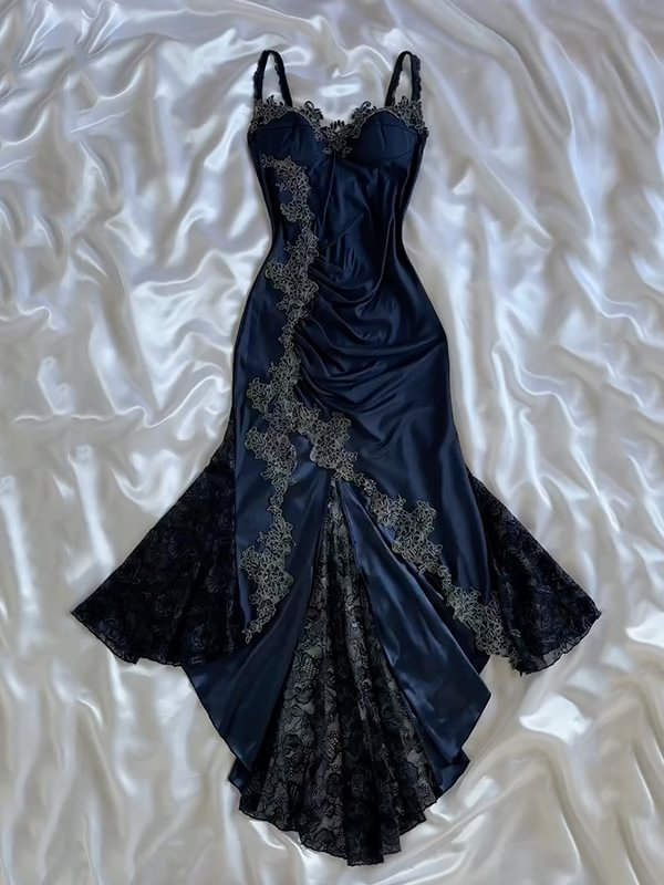 Sexy Bodycon Mermaid Straps Long Navy Blue Lace Prom Dress Party Dress