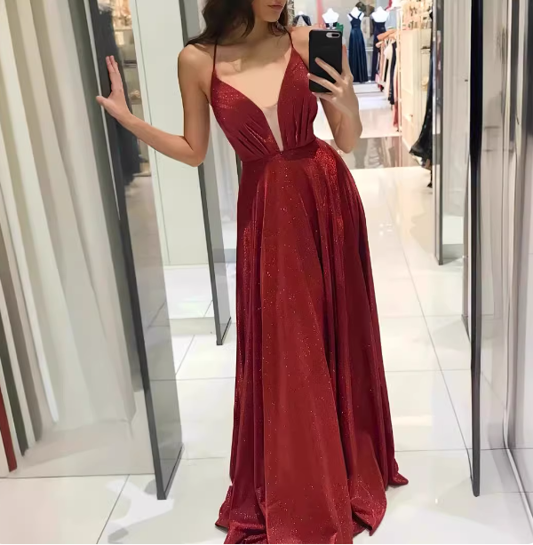 Sexy Burgundy A-Line V-Neck Cross Back Shimmer Satin Long Prom Dress Evening Dress Secondary image