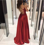 Sexy Burgundy A-Line V-Neck Cross Back Shimmer Satin Long Prom Dress Evening Dress
