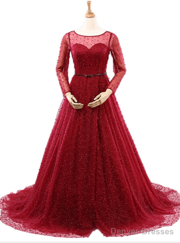 Sexy Burgundy Long Sleeve Tulle Pearls Wedding Dress Main image