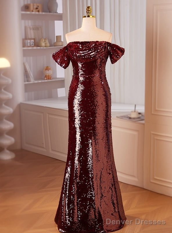 Sexy Burgundy Mermaid Sequins Off the Shoulder Prom Dress Main image