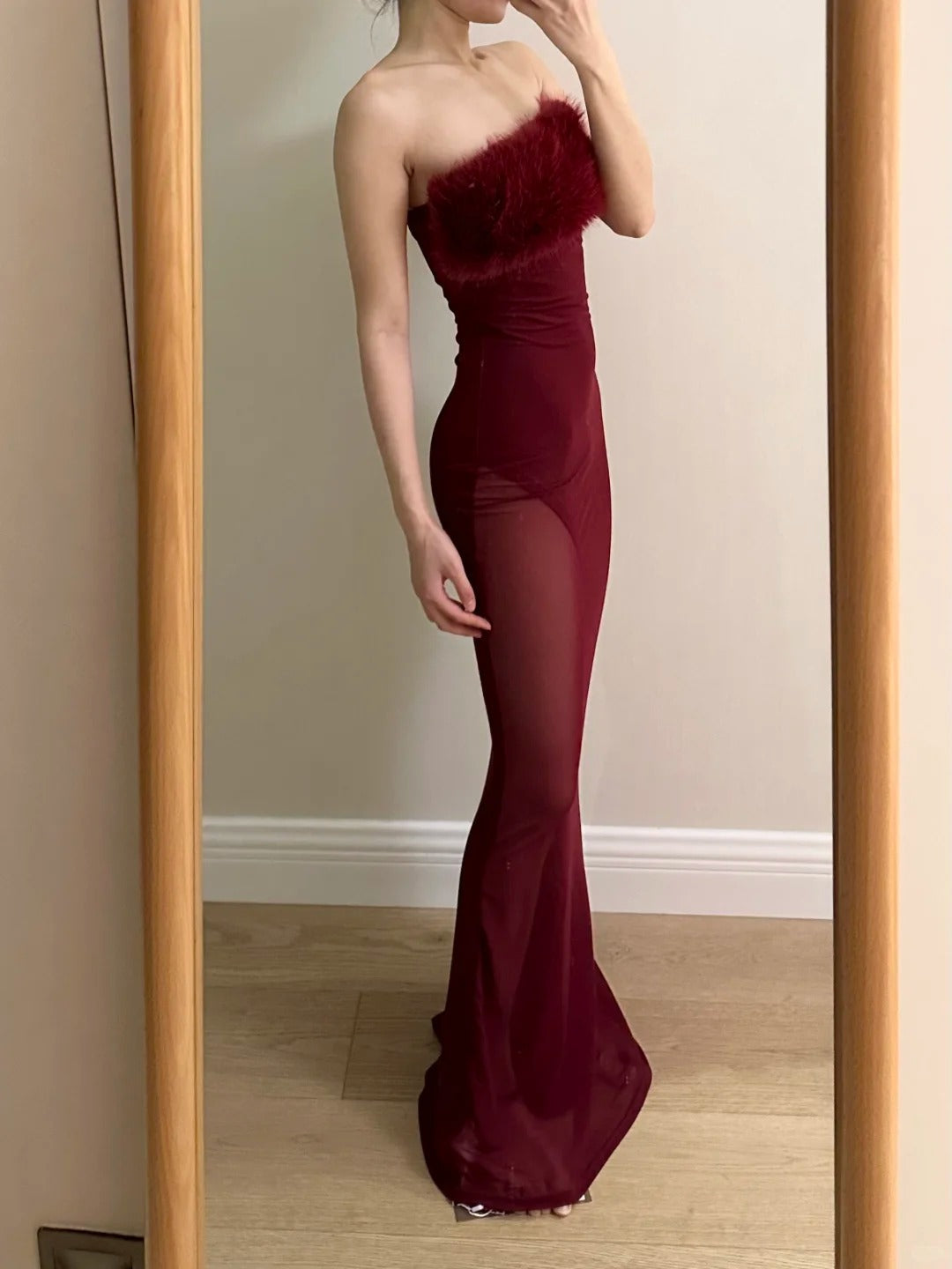 Sexy Burgundy Mermaid Strapless Mesh Long Prom Dress Evening Dress Secondary image