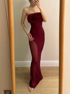 Sexy Burgundy Mermaid Strapless Mesh Long Prom Dress Evening Dress