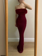 Sexy Burgundy Mermaid Strapless Mesh Long Prom Dress Evening Dress