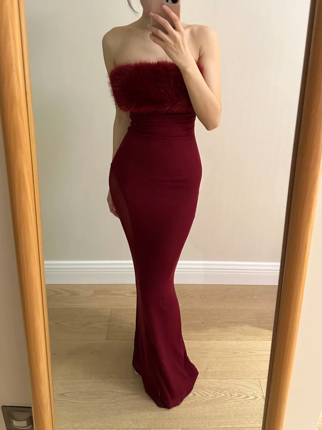 Sexy Burgundy Mermaid Strapless Mesh Long Prom Dress Evening Dress Main image