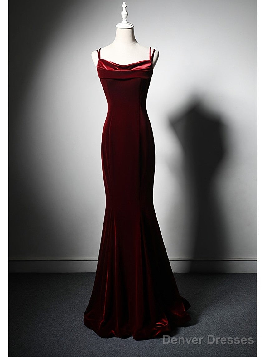 Sexy Burgundy Mermaid Velvet Spaghetti Straps Prom Dress With Bow Main image