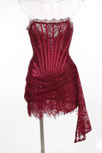 Sexy Burgundy Strapless Lace Sheath Short Cocktail Dress Homecoming Dress