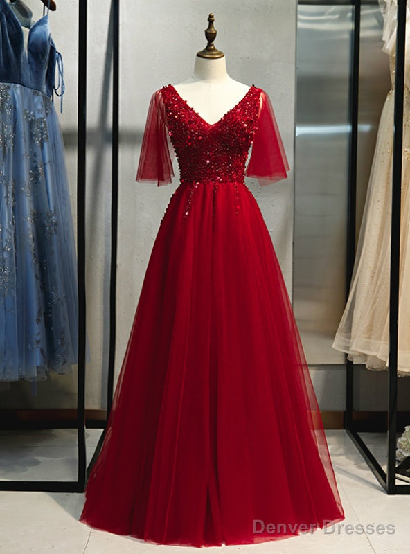 Sexy Burgundy Tulle V-neck Beading Sequins Prom Dress Main image