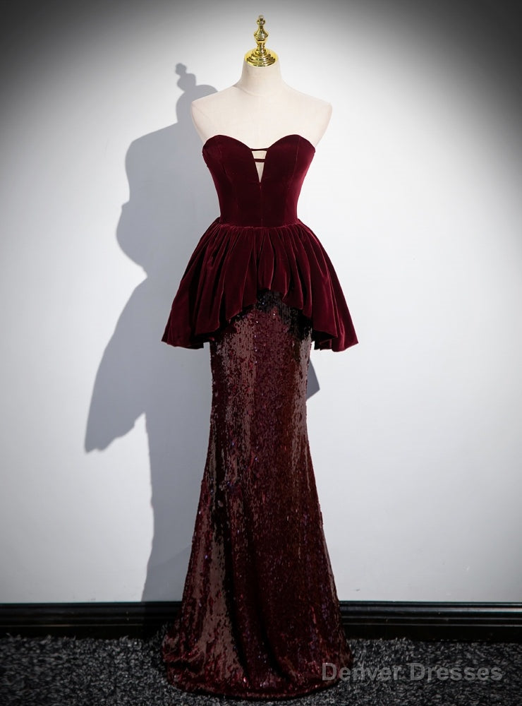 Sexy Burgundy Velvet Sequins Strapless Prom Dress Main image