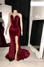 Sexy Burgundy Velvet Wedding Guest Dress V Neck Mermaid Prom Dress