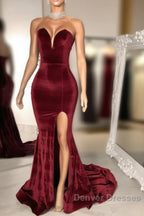 Sexy Burgundy Velvet Wedding Guest Dress V Neck Mermaid Prom Dress