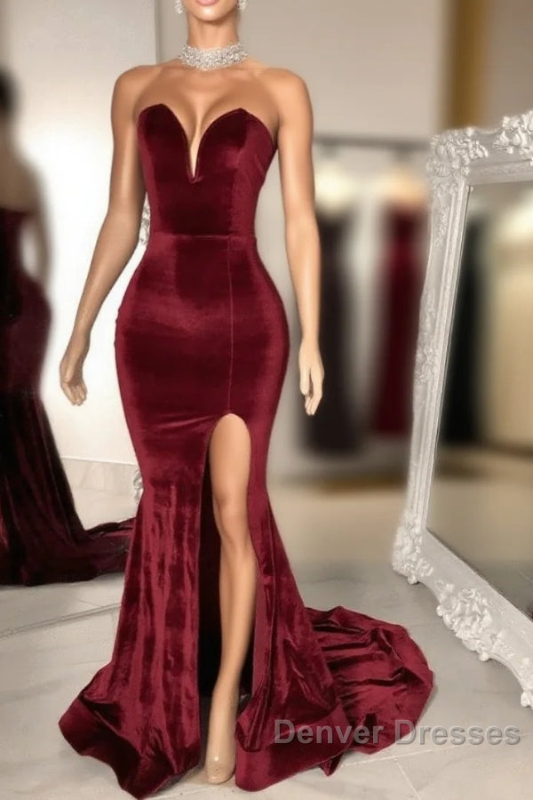 Sexy Burgundy Velvet Wedding Guest Dress V Neck Mermaid Prom Dress