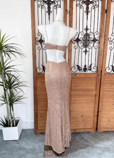 Sexy Champagne Pink Mermaid Spaghetti Strap Waist Cutout Sequin Long Prom Dress Evening Dress Secondary image