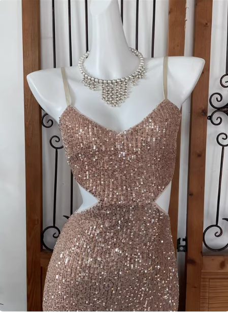 Sexy Champagne Pink Mermaid Spaghetti Strap Waist Cutout Sequin Long Prom Dress Evening Dress