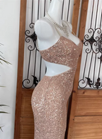 Sexy Champagne Pink Mermaid Spaghetti Strap Waist Cutout Sequin Long Prom Dress Evening Dress