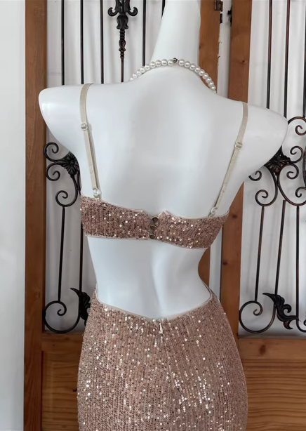 Sexy Champagne Pink Mermaid Spaghetti Strap Waist Cutout Sequin Long Prom Dress Evening Dress