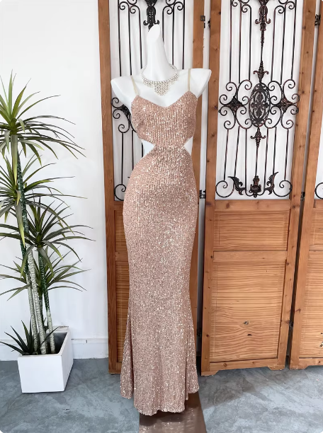 Sexy Champagne Pink Mermaid Spaghetti Strap Waist Cutout Sequin Long Prom Dress Evening Dress Main image