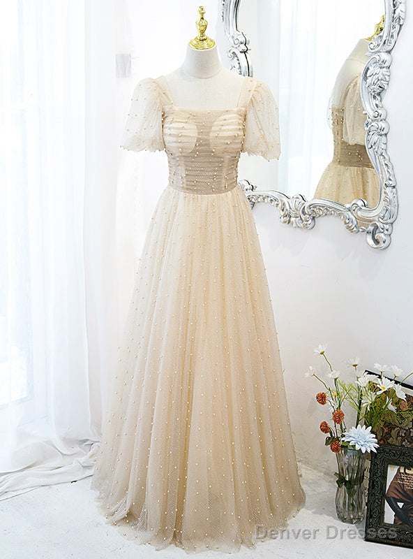 Sexy Champagne Tulle Pearls Puff Sleeve Prom Dress Main image